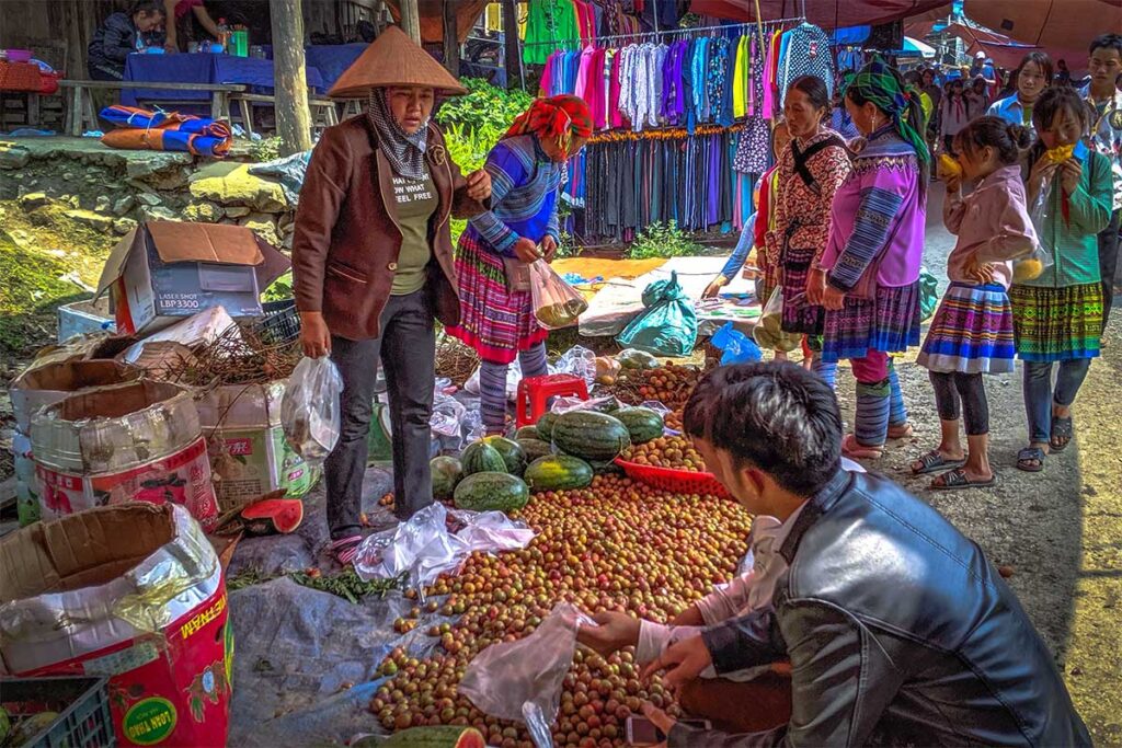 Fresh food and herbs being sold by local woman at the Cao Son Market