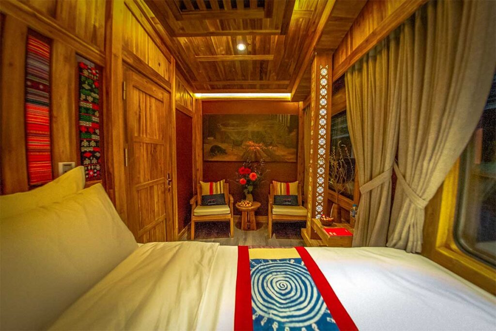 Luxury cabin with double bed inside the Chapa Express Train from Hanoi to Sapa