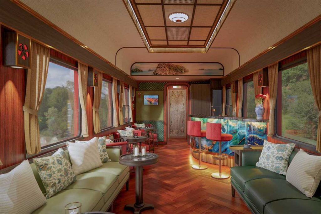 Comfortable lounge-style interior of an upgraded train from Hanoi to Hai Phong with soft seating and decorative design