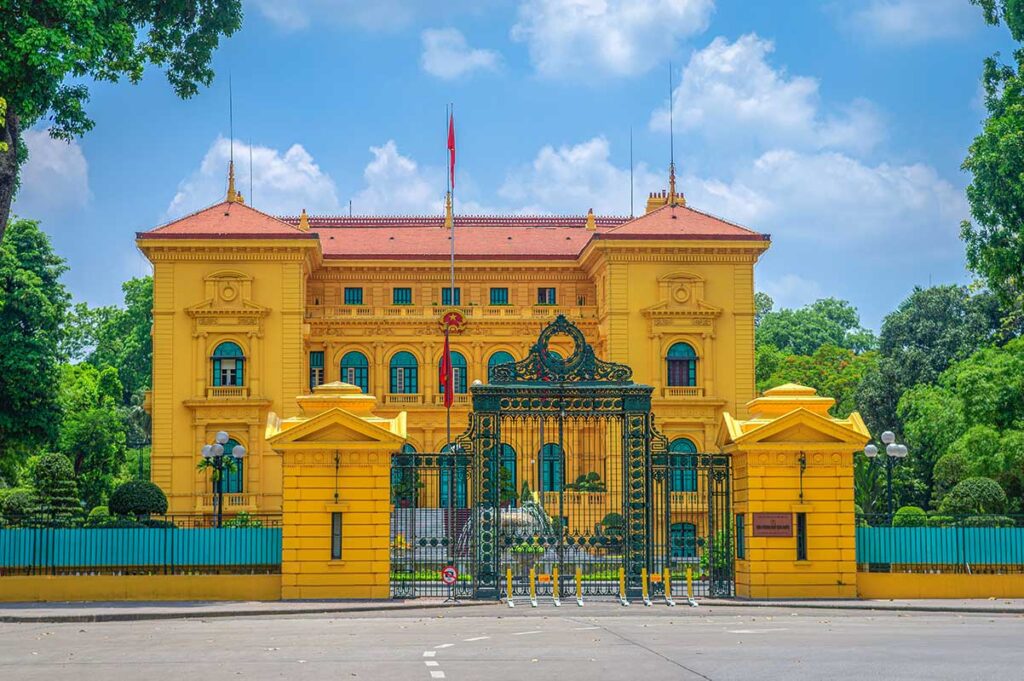 Views of presidential house and front gate in Hanoi, Vietnam