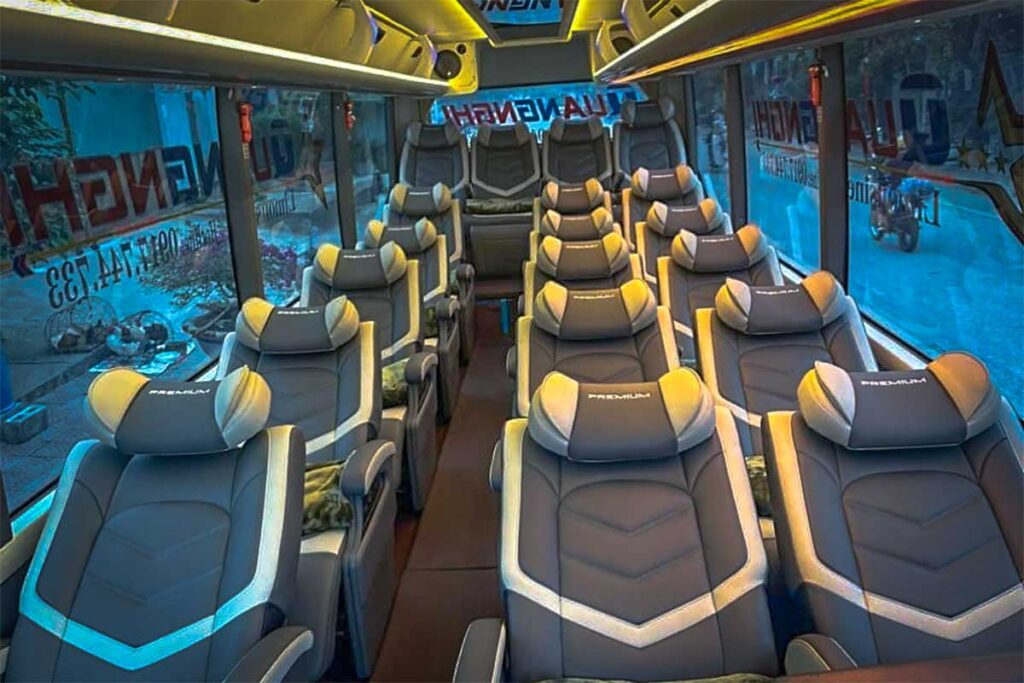 The inside of an empty limousine bus to Ha Giang