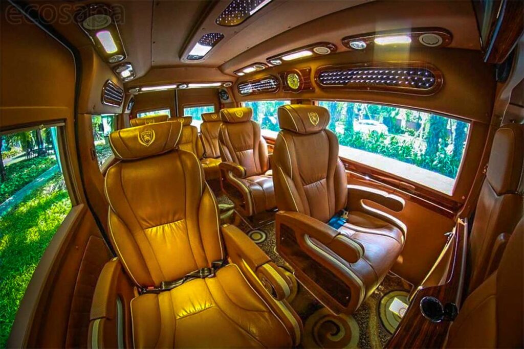 The interior (inside) of a luxury limousine van from Hanoi to Sapa