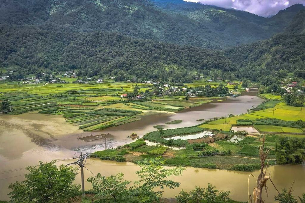 The river and rice fields of Lung Tam Valley from a viewpoint