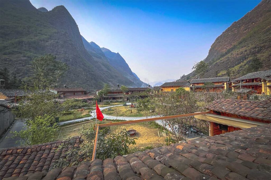 View from a homestay roof to the courtyard of  Pa Vi Village