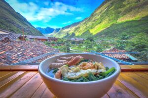 A bowl of Pho from a balcony of a homestay in Pa Vi Village