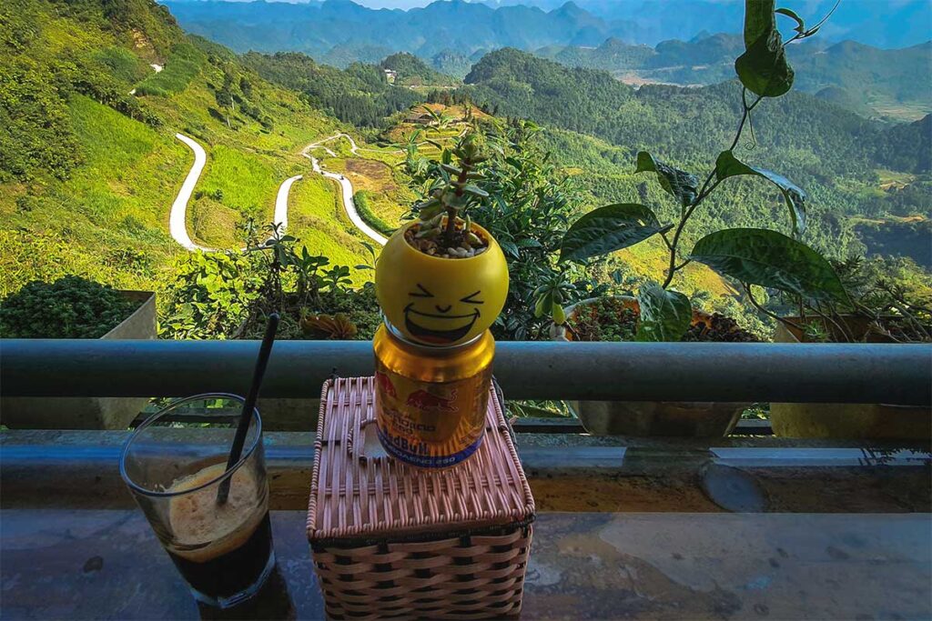 A Vietnamese coffee on a table at the coffee shop on top of Quan Ba ​​Heaven Gate