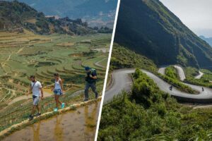 Travelers trekking through terraced fields in Sapa combined with winding mountain roads of the Ha Giang Loop on a Sapa–Ha Giang combo tour.