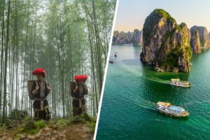 Red Dao women walking through a misty bamboo forest paired with boats cruising the limestone islands of Halong Bay on a Sapa–Halong Bay combo tour.
