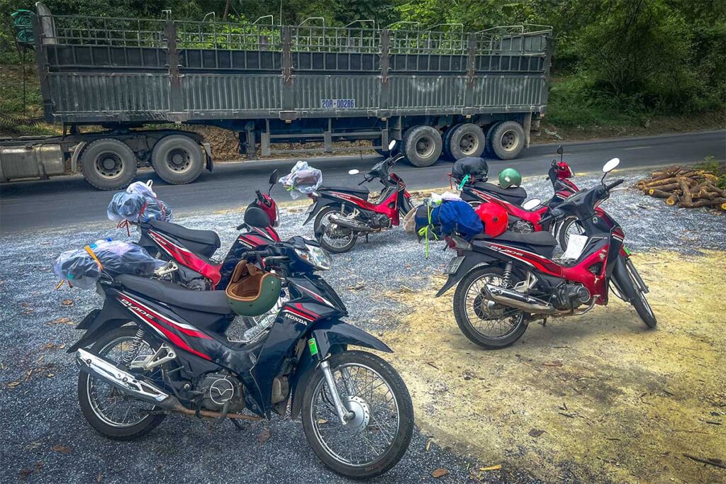 Honda Wave semi automated motorbikes rented in Ha Giang along the road