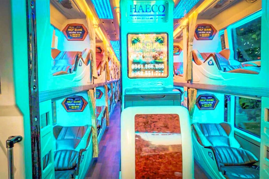 The inside of a standard sleeper bus that drives from Hanoi to Cao Bang