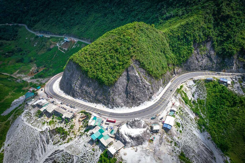 Aerial view of Thung Khe Pass and the white cliffs
