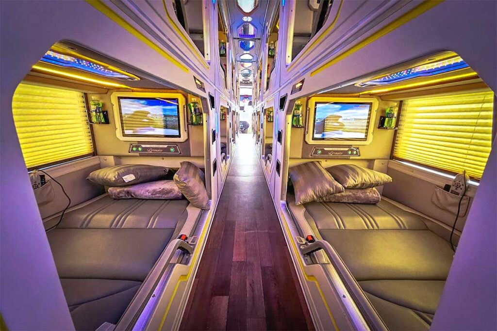 The inside of a VIP cabin sleeper bus from Hanoi to Sapa