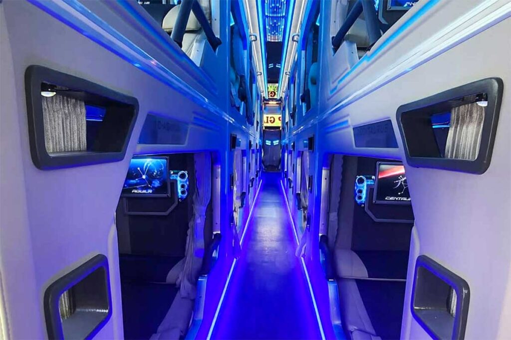 The inside of a VIP limousine sleeper bus that drives from Hanoi to Cao Bang
