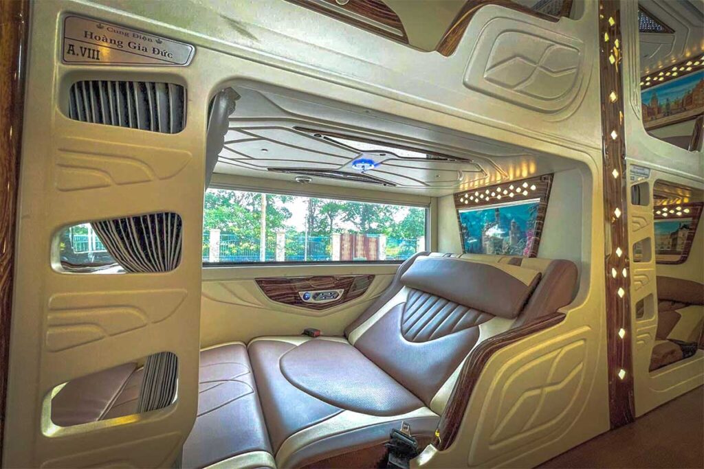 A seat inside a VIP Limousine Sleeper bus to Ha Giang