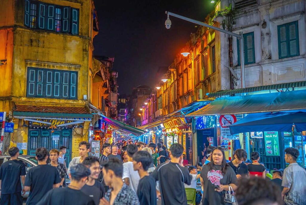 A very crowded Bia Hoi Corner in Hanoi in the late evening