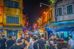 A very crowded Bia Hoi Corner in Hanoi in the late evening
