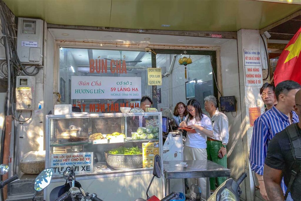 A food cart at the door of Bun Cha Huong Lien Hanoi where they make the Bun Cha dishes served for the restaurant