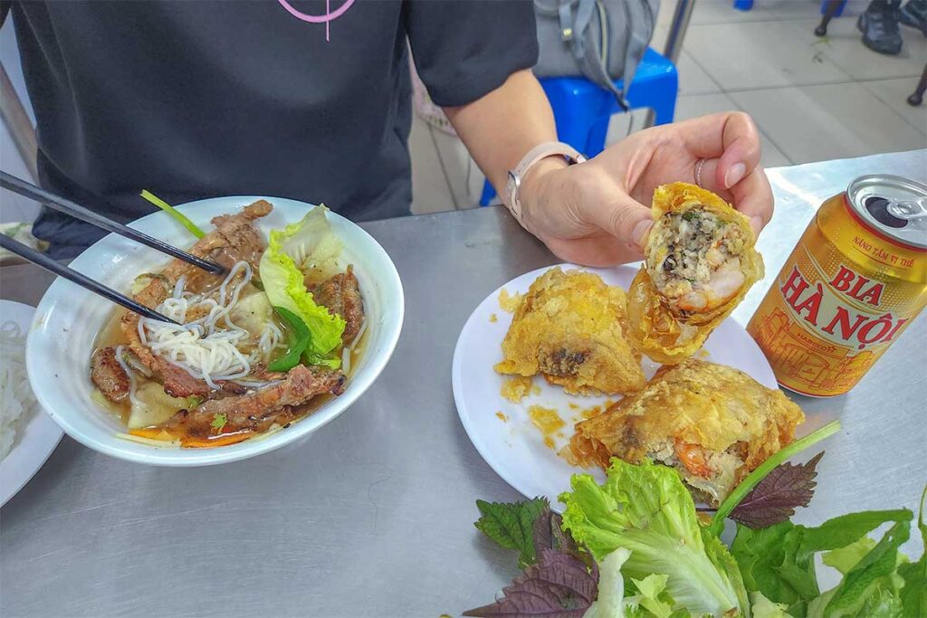 The Obama combo on the table: local beer, Bun Cha and spring rolls at Hanoi Obama Restaurant