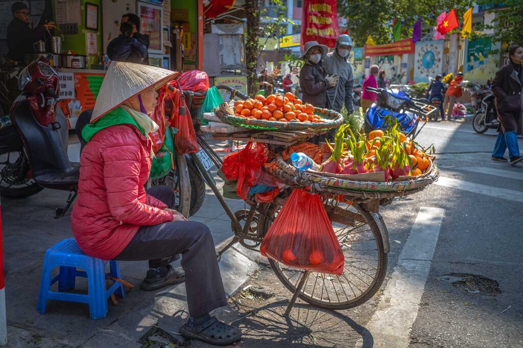 A female street vendor with a bicycle carrying flat baskets loaded with fruits outside Chau Long Market, Hanoi