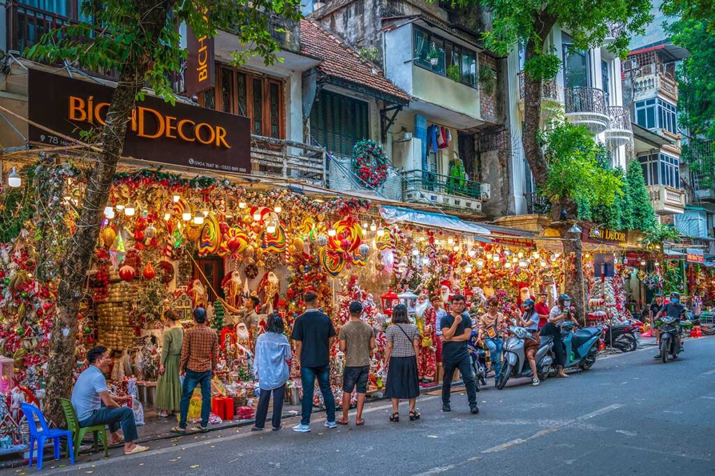 Shops on Hang Ma Street in the Old Quarter selling decorations for Christmas in Hanoi