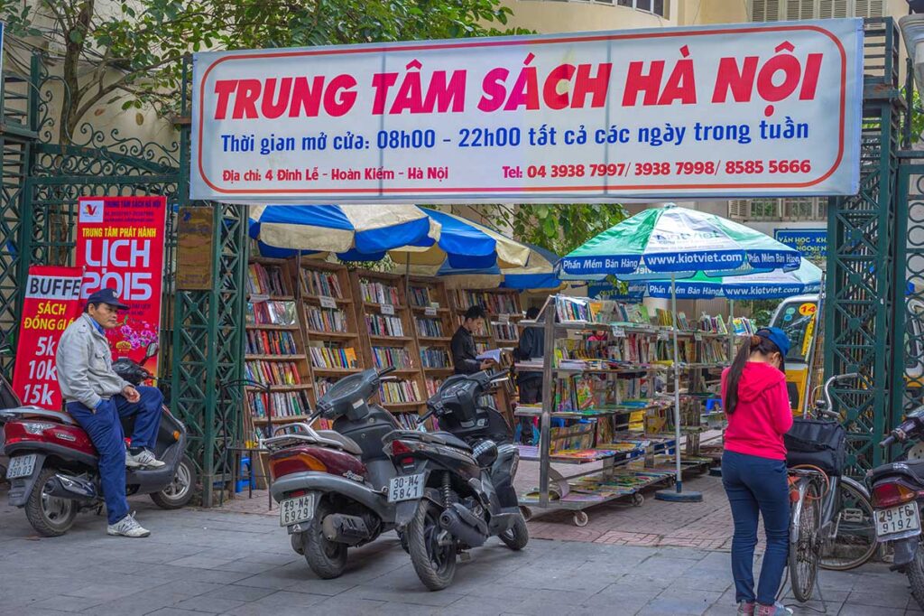 A small open air bookstore at Dinh Le Book Street in Hanoi