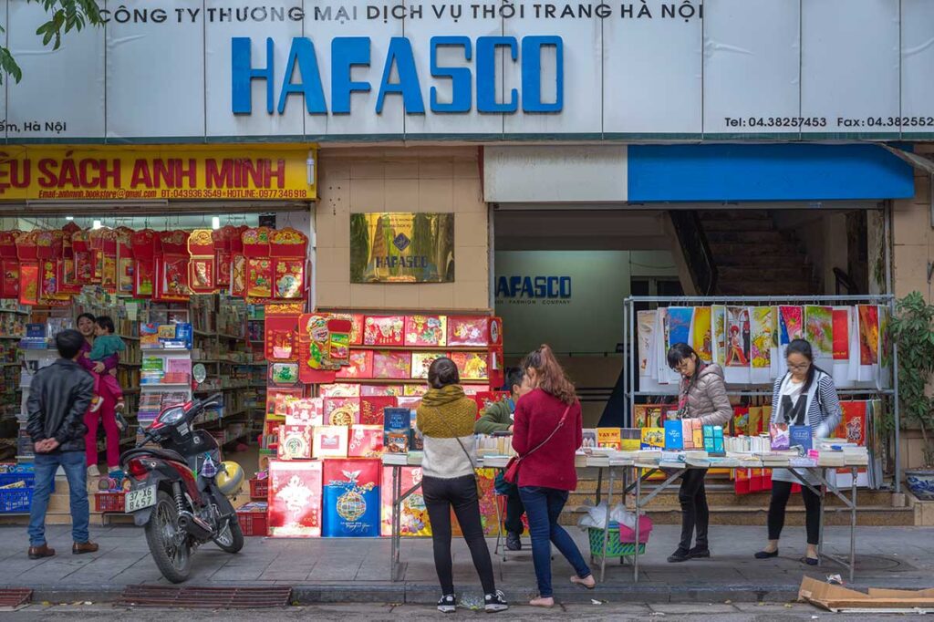 One of the bigger bookstores at Dinh Le Book Street in Hanoi