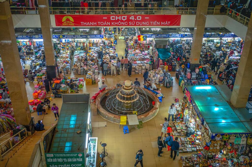 The view from inside Dong Xuan Market seen from the second floor looking down on the chaos and stalls of the market hall