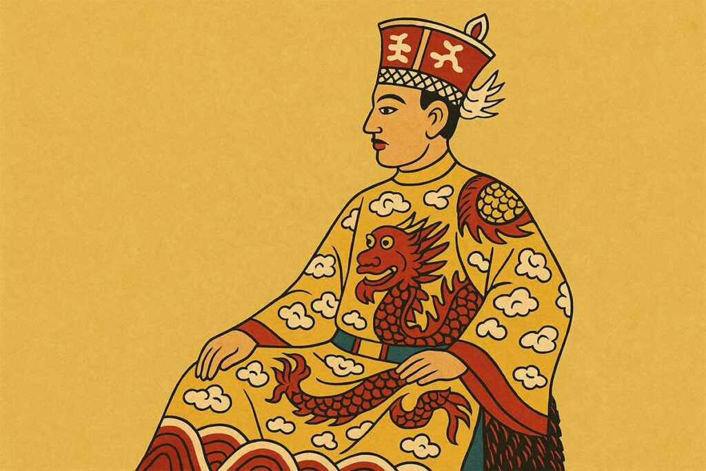 Đông Hồ–style illustration of Emperor Minh Mạng wearing a dragon robe and ceremonial crown, inspired by an 1822 portrait.