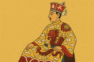 Đông Hồ–style illustration of Emperor Minh Mạng wearing a dragon robe and ceremonial crown, inspired by an 1822 portrait.