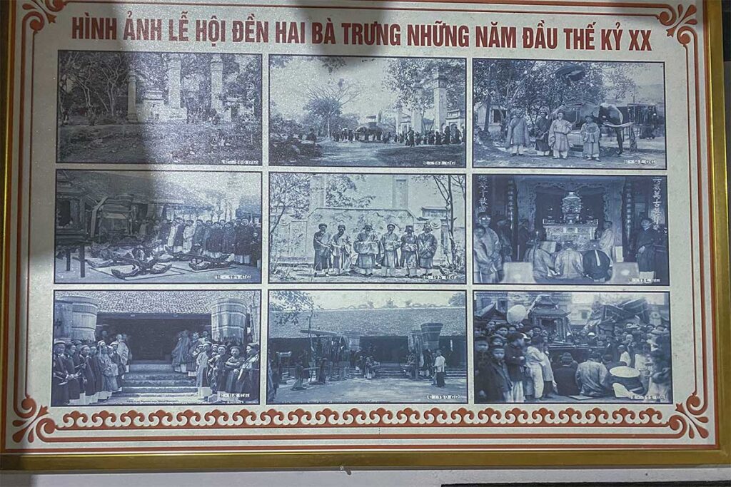 A few black and white photos of an event with elephants commemorating the Trung Sisters hanging in Hai Ba Trung Temple