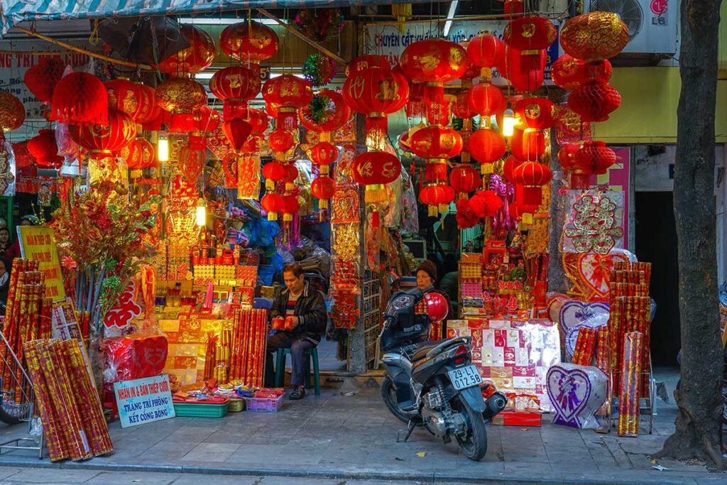 A shop on Hang Ma Street selling joss paper items in Hanoi Old Quarter
