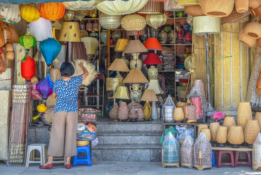 Hang Tre Street in the Old Quarter selling lights and decor primarily made by bamboo