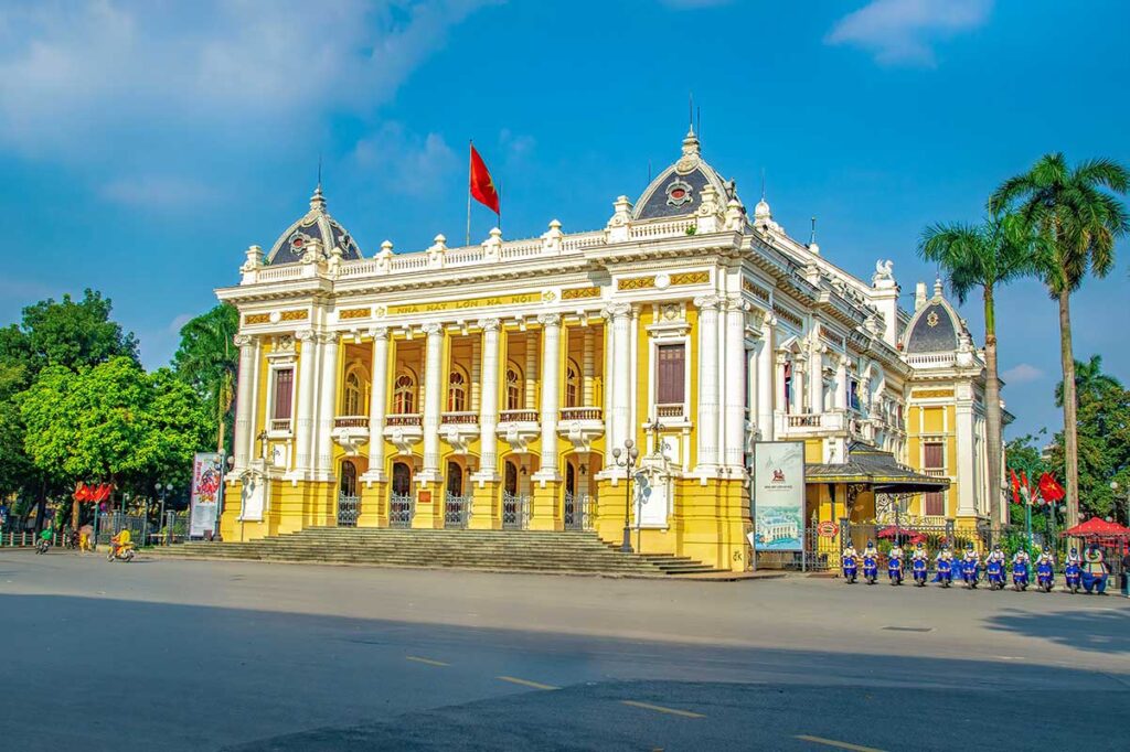 The French colonial building of Hanoi Opera House seen from across the street in the French Quarter of Hanoi