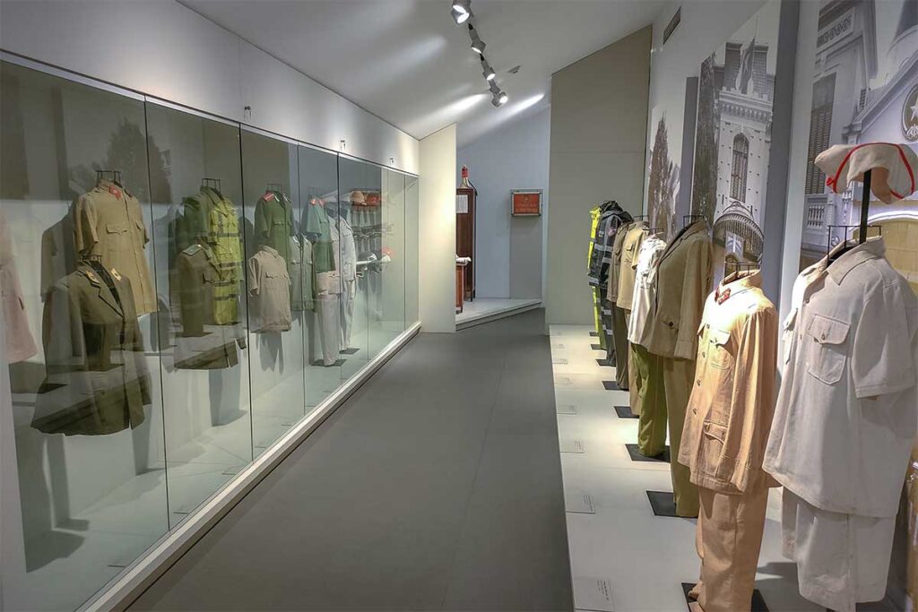 Displays of police uniforms throughout time at the Hanoi Police Museum
