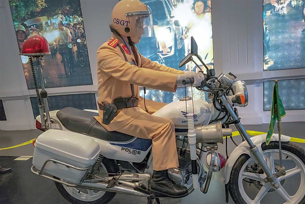 A traffic police doll display on a motorbike shown at Hanoi Police Museum