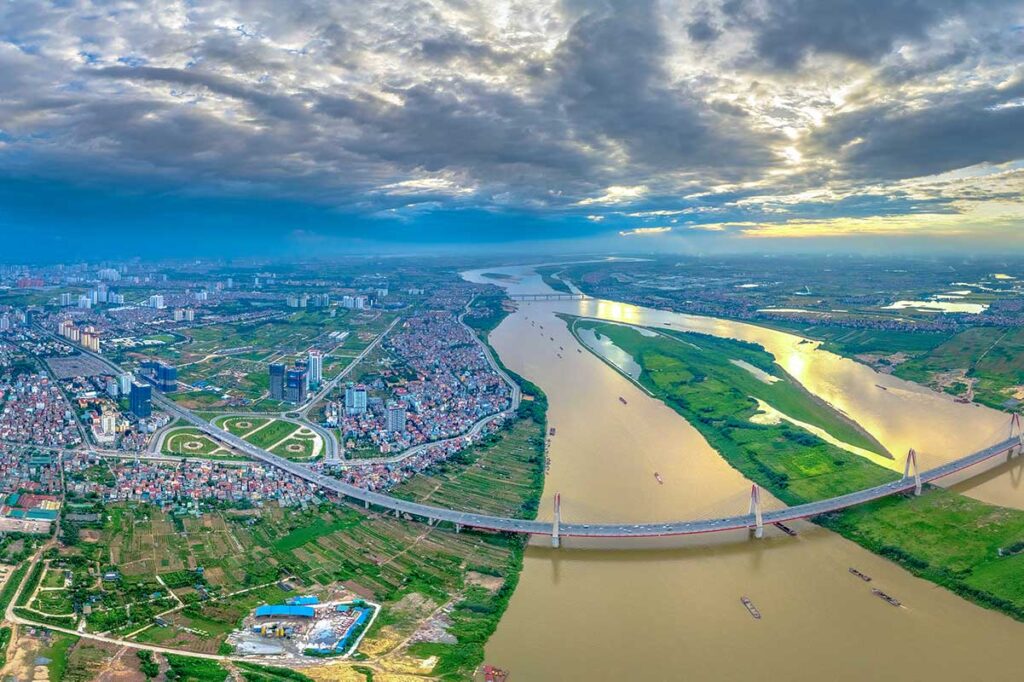 The Red River and the city of Hanoi seen from the air 