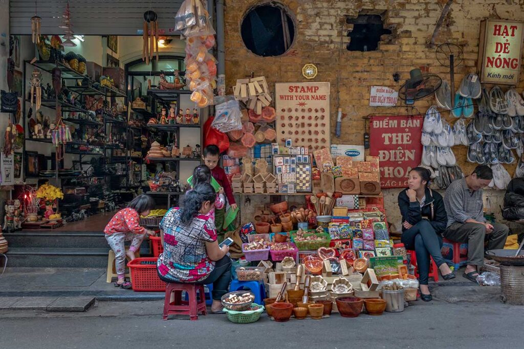 A small shop on the street selling Hanoi souvenirs