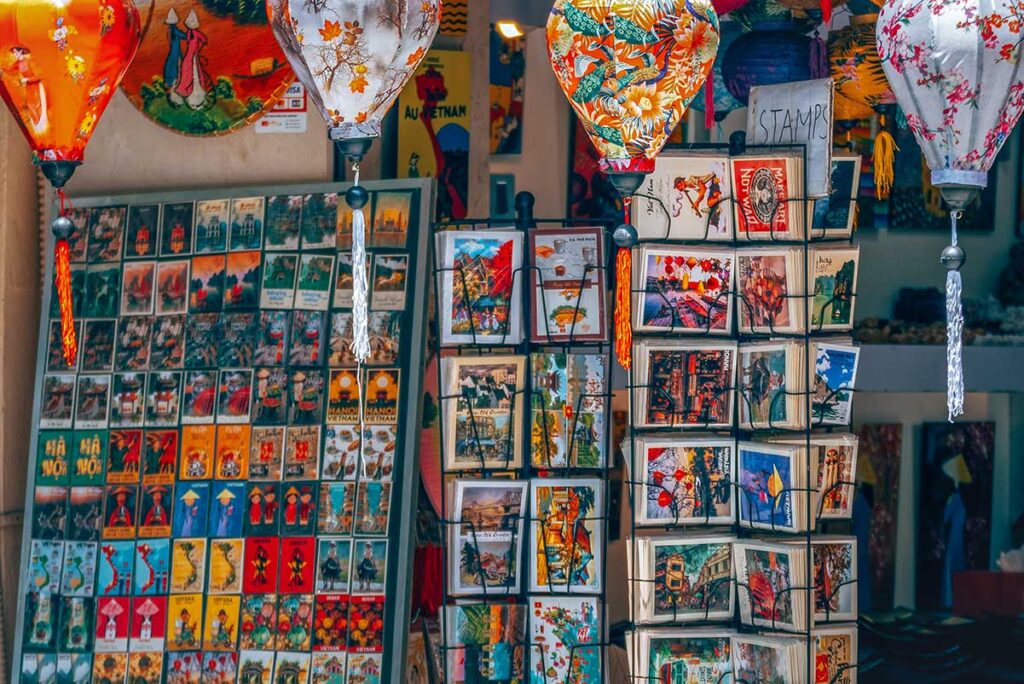 Magnet dolls and miniature gifts being sold at a souvenir shop in Hanoi