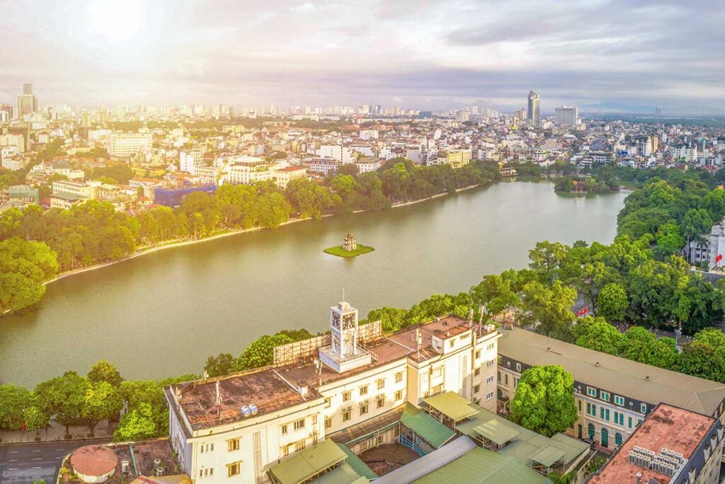 Hoan Kiem District in Hanoi seen in aerial view with Hoan Kiem Lake centrally