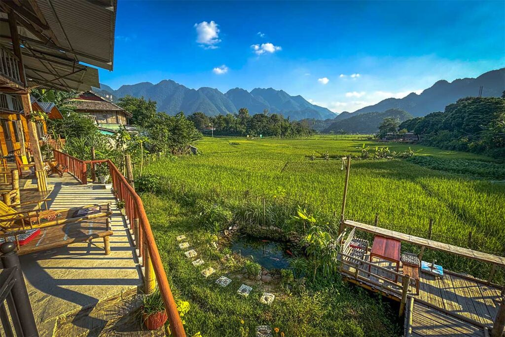 A homestay in Nhot Village with views over the rice fields in Mai Chau