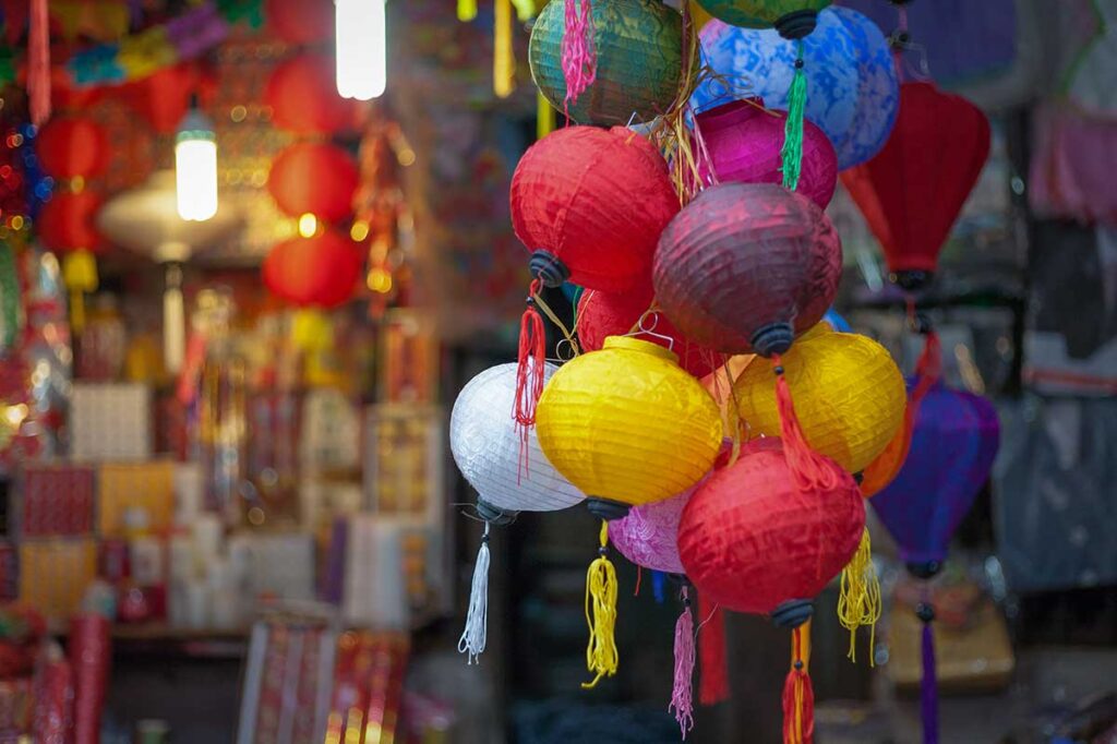 A bundle of small lanterns hanging at a local souvenir shop in Hanoi