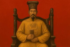 Modern artistic illustration of Emperor Lê Thánh Tông seated on a throne in golden imperial robes, inspired by statues at the Temple of Literature in Hanoi.