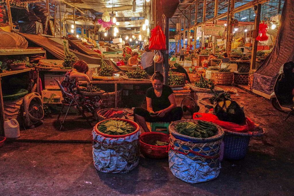 Local woman at night at the Long Bien Market selling fruit and vegtables
