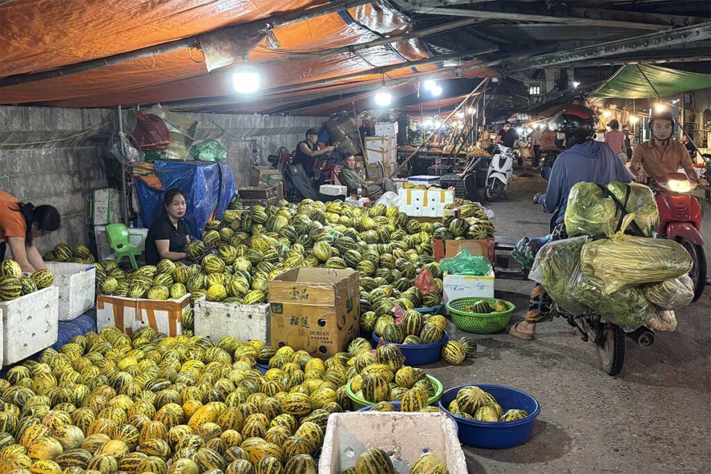 Fruit being sold at the Long Bien Market late at night