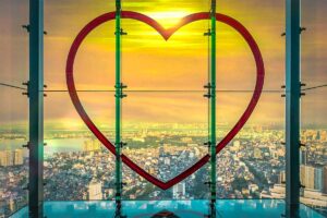A heart shape on the window of Lotte Observation Deck to take photos with