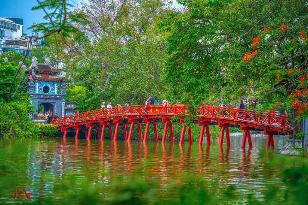 The Huc Bridge leading to Ngoc Son Temple across Hoan Kiem Lake