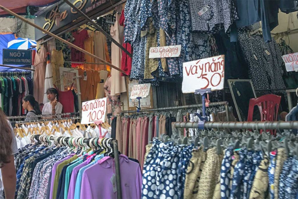 Very cheap clothes being sold at a local stall at Nha Xanh Market in Hanoi