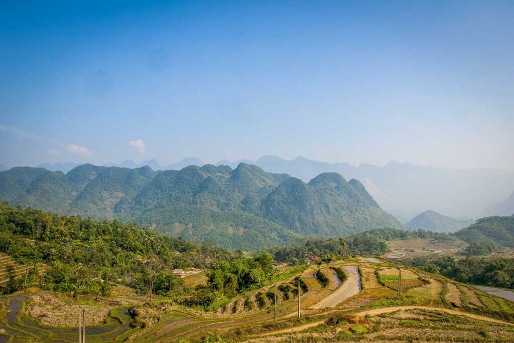 Scene of empty terraced rice fields in Pu Luong in November