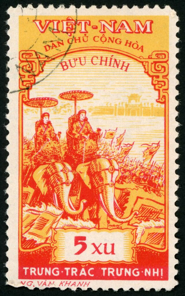 1959: post stamp printed in Viet-nam (Vietnam) shows Trung sisters; two ladies sitting on elephants; military leaders; Scott 92 A33 5xu red yellow, circa 1959