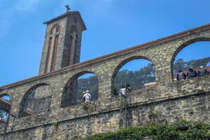 Ruins of a French colonial stone church on a hilltop in Tam Dao